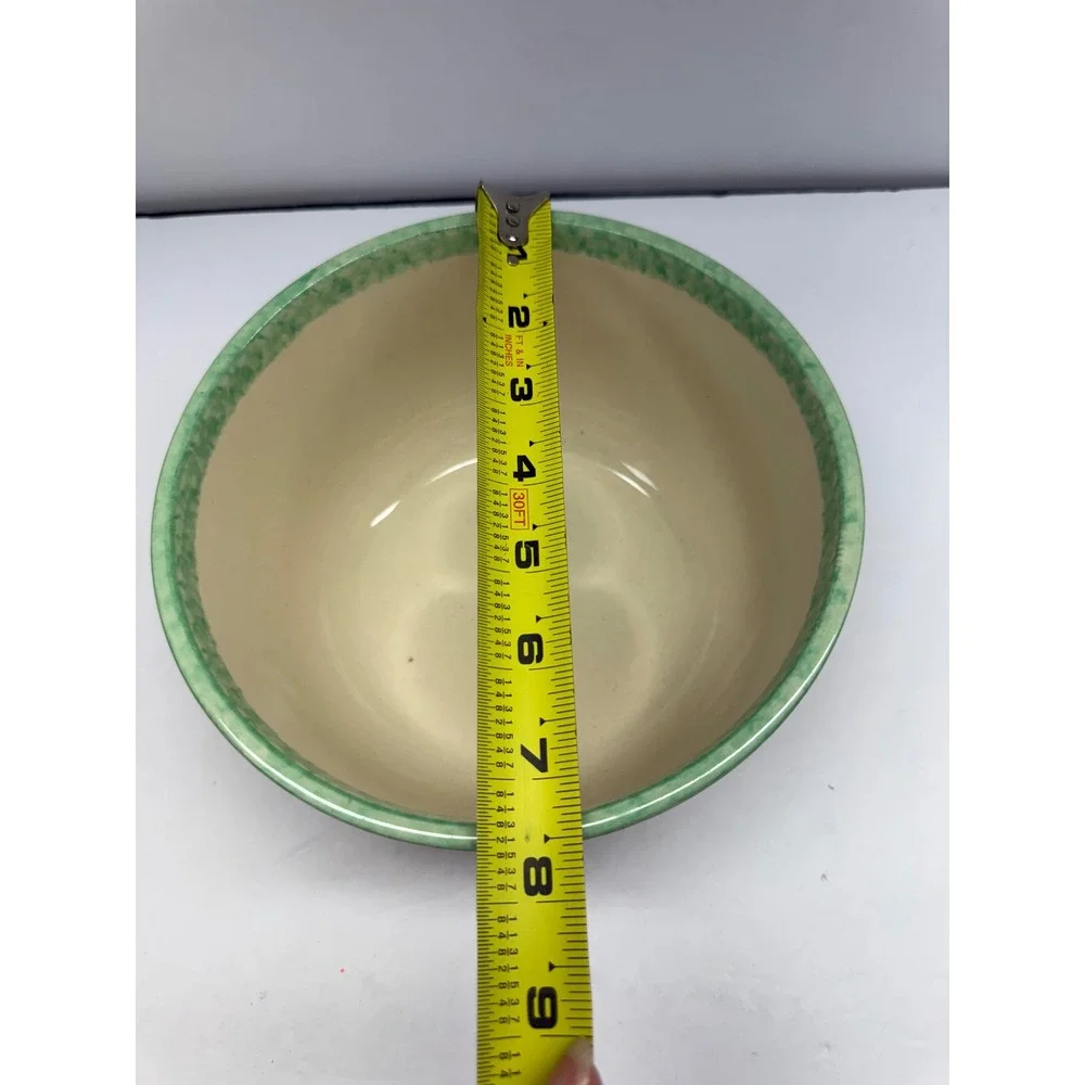 Vital Unit Ceramic Mixing Bowl Angel Hand Painted Green Rim 8.5 Inch Cream